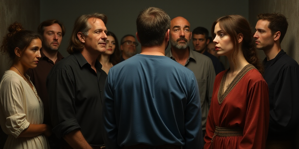 a group of people standing around a man in a blue shirt and a woman in a black dress shirt, Ada Glad