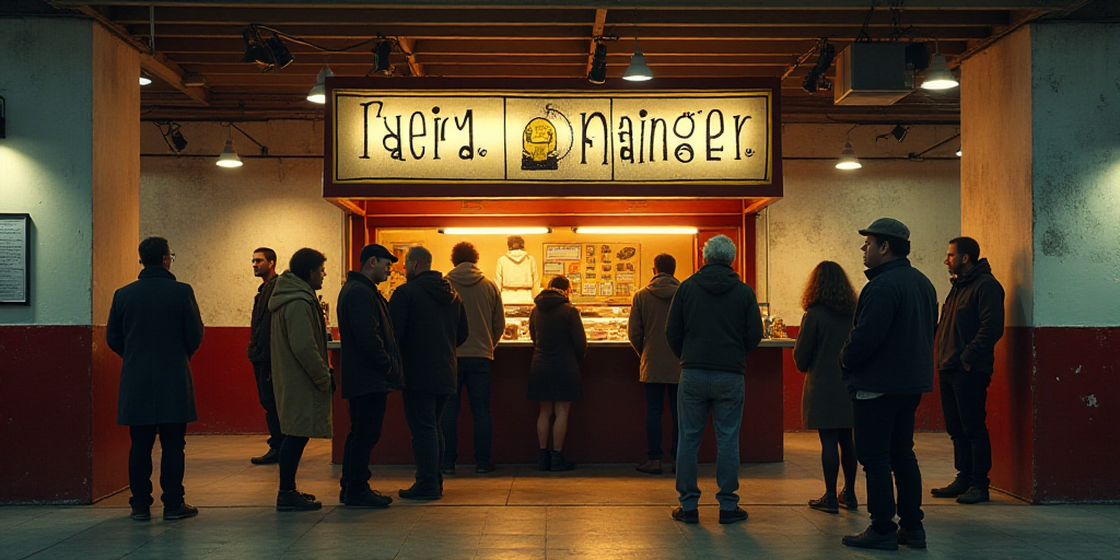 a group of people standing around a booth with a sign on it's wall that says banister, Ángel Botell