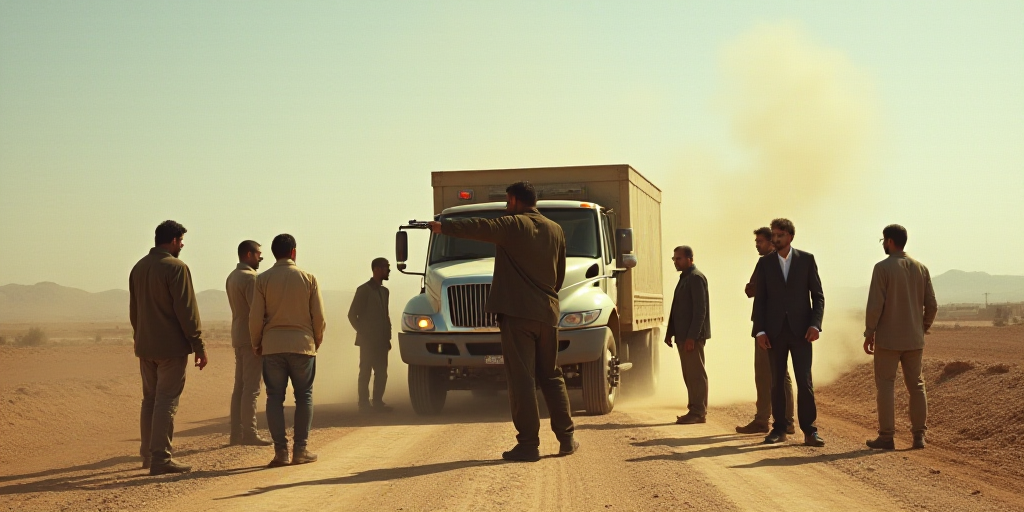 a group of people standing around a truck on a dirt road with a man holding a gun in the air, Amir Z