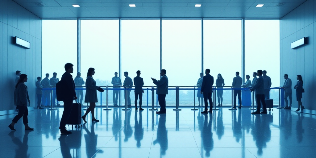 a group of people standing around a blue barrier in an airport lobby with a man walking by them and