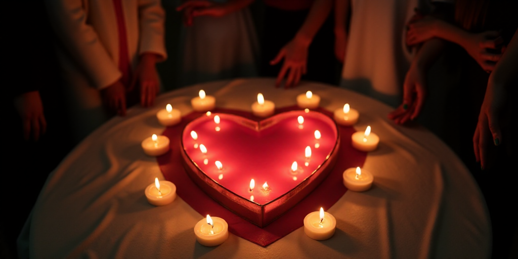 a group of people standing around a heart shaped candle on a table with candles in the shape of a he