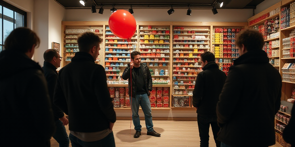 a group of people standing around a store with a lot of items on display on the wall and a man holdi