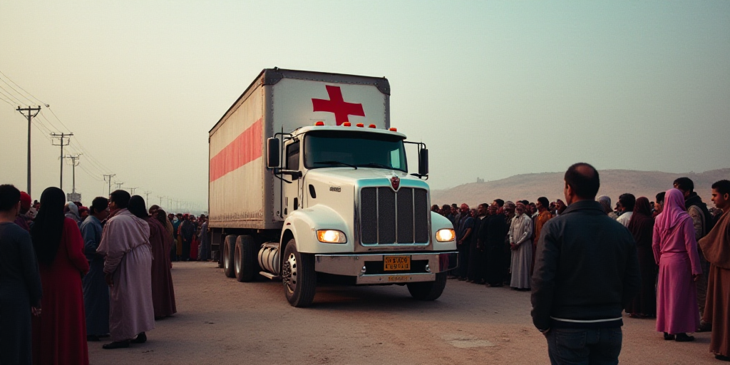 a group of people standing around a white truck with a red cross on it's front and a crowd of people