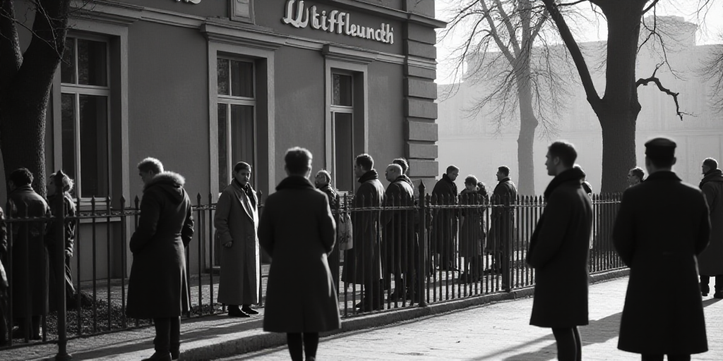 a group of people standing around a fence near a tree and a building with a sign on it that says,, F