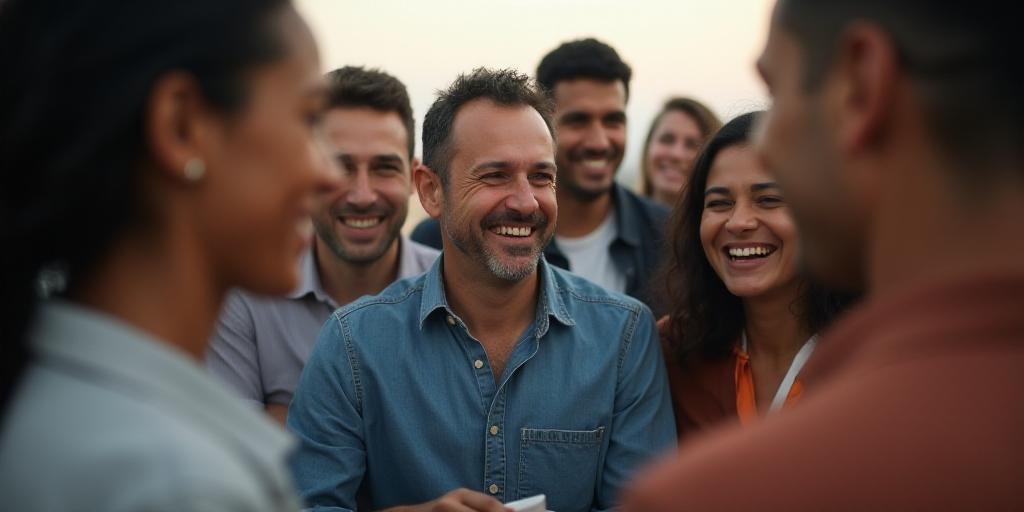 a group of people standing around each other smiling and laughing together in a group with a man in
