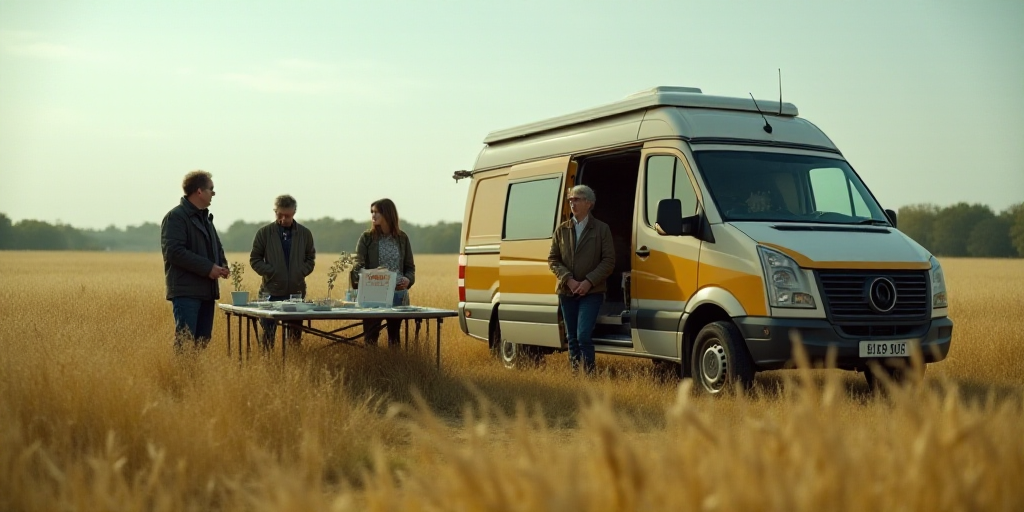 a group of people standing around a table with a sign on it in a field next to a van, Celia Fiennes,