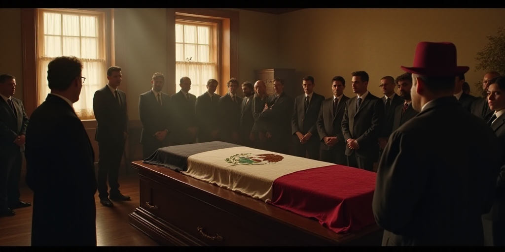 a group of people standing around a wooden casket in a room with a flag on top of it and a man in a