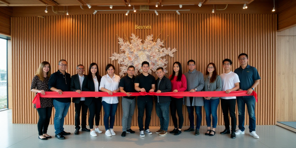a group of people standing behind a ribbon cutting a ribbon at a ribbon cutting ceremony in a buildi