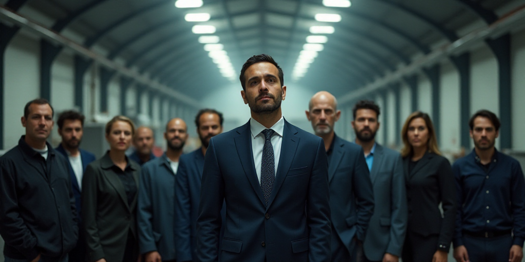 a group of people standing in a factory together with a man in a suit and tie in front of them, Carl