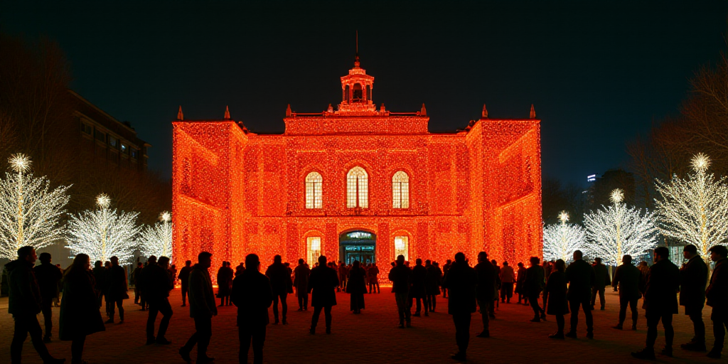 a group of people standing in front of a building with christmas lights on it's sides and a building