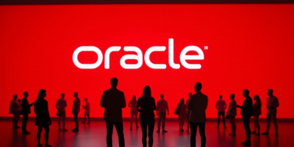 a group of people standing in front of a oracle logo on a red wall with a red background and a white