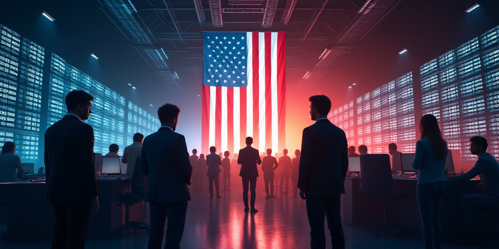 a group of people standing in front of a stock market with an american flag hanging from the ceiling