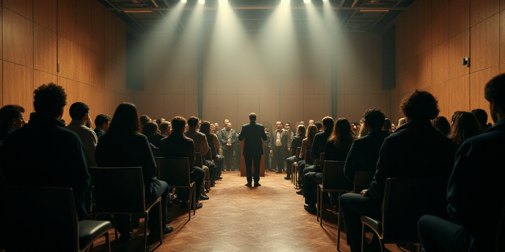 a group of people standing in a room with a podium and chairs in front of them and a speaker in the