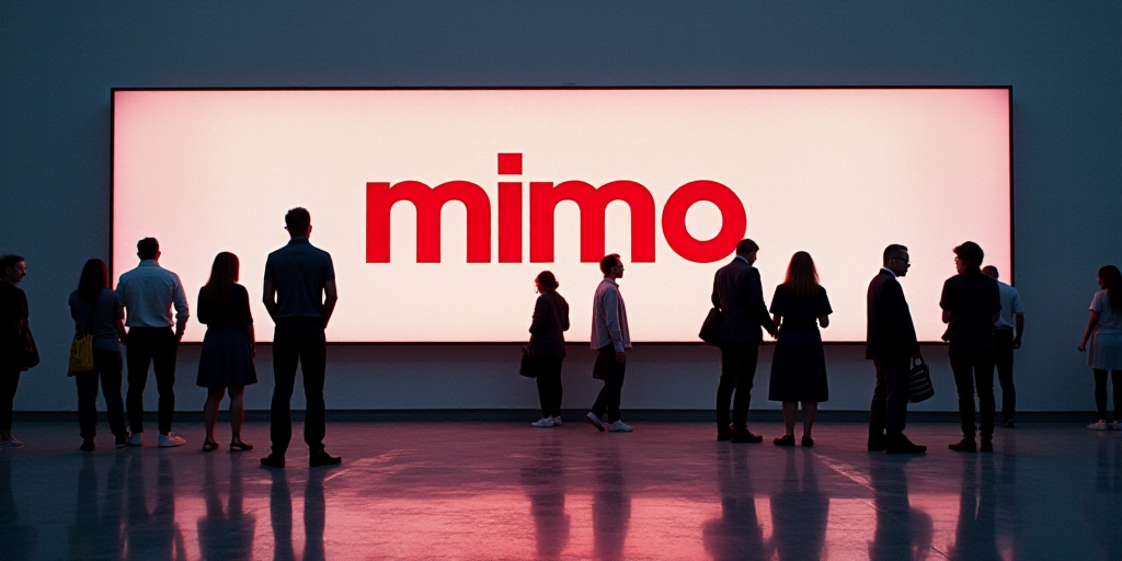 a group of people standing in front of a sign that says mimo on it's side of a wall, Fan Qi, 150mp,