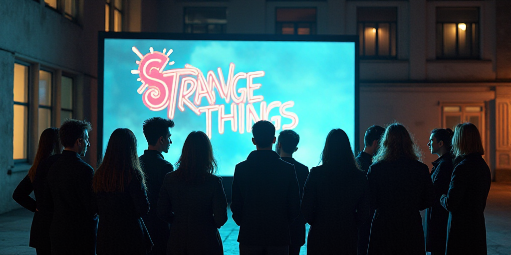 a group of people standing in front of a tv screen with the words strange things on it in front of a