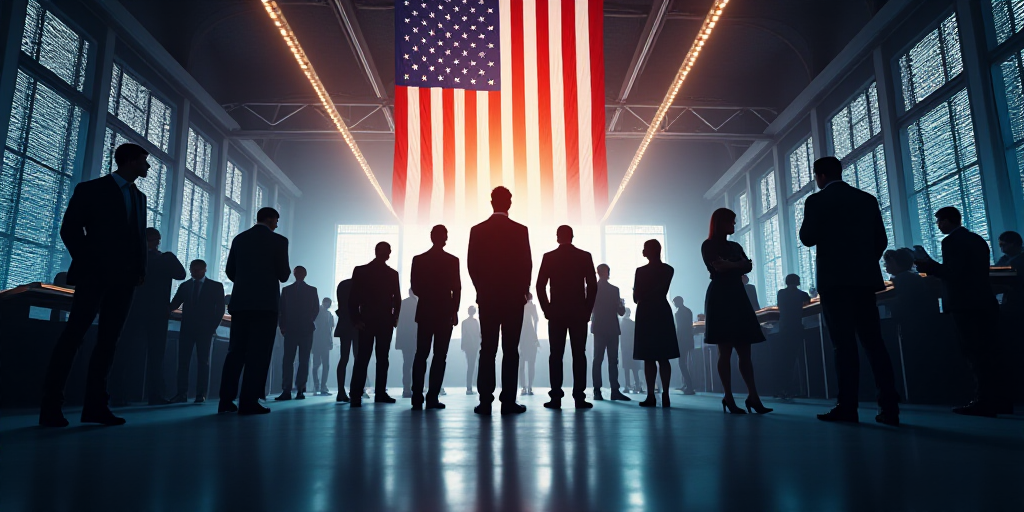 a group of people standing in front of a stock market with an american flag hanging from the ceiling