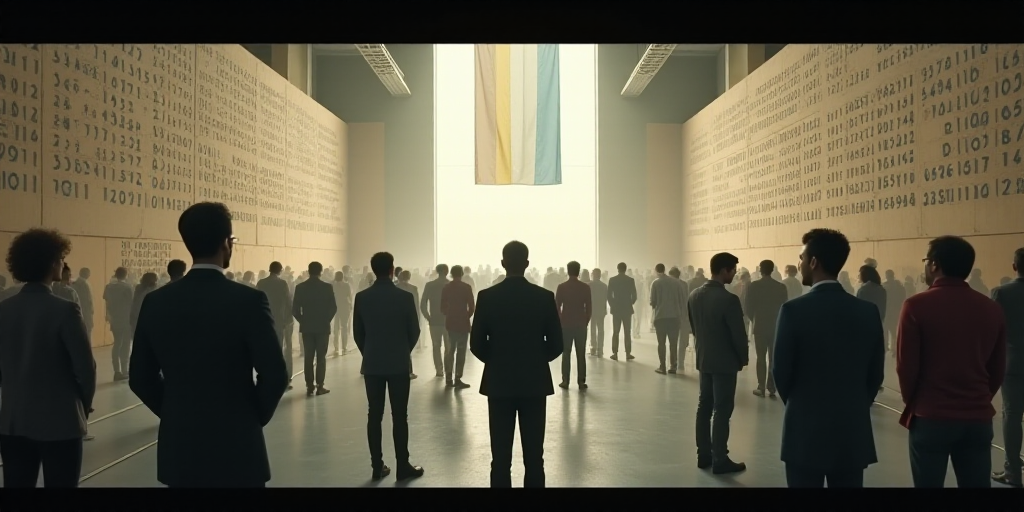 a group of people standing in a room with a wall of numbers on it and a flag hanging from the ceilin