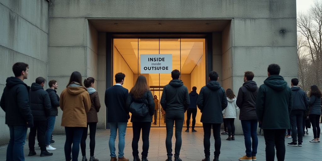 a group of people standing in front of a building with a sign that says inside inside outside in fro