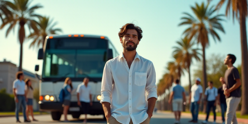 a group of people standing in front of a bus on a road with palm trees in the background and a man i