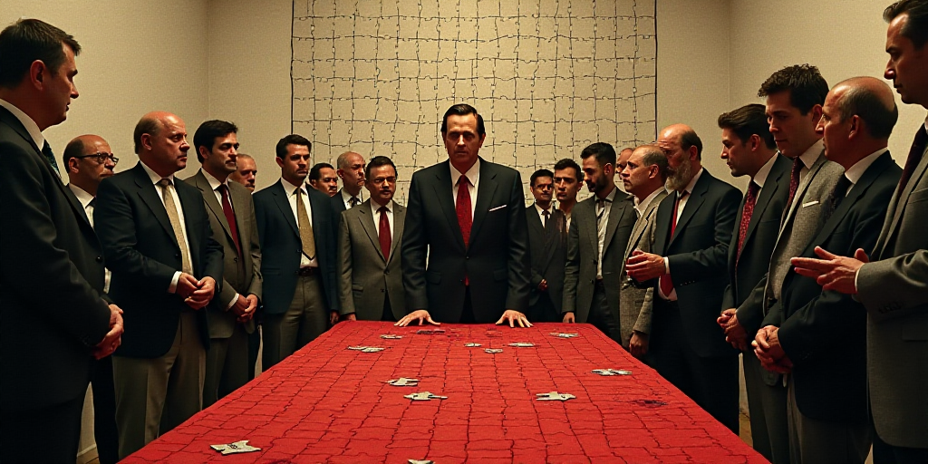 a group of people standing in front of a table with a red table cloth on it and a man in a suit and