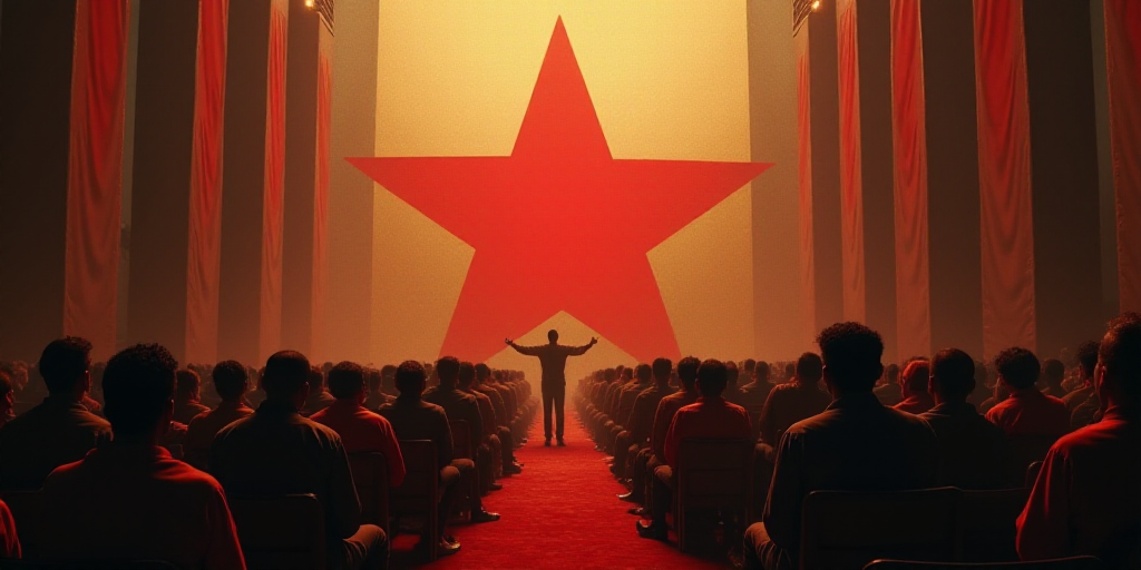 a group of people standing in front of a large flag in a room filled with people sitting down and ra