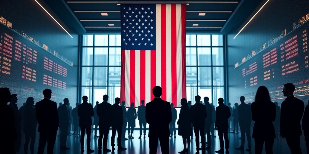 a group of people standing in front of a stock market with an american flag hanging from the ceiling