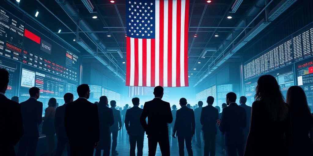a group of people standing in front of a stock market with an american flag hanging from the ceiling