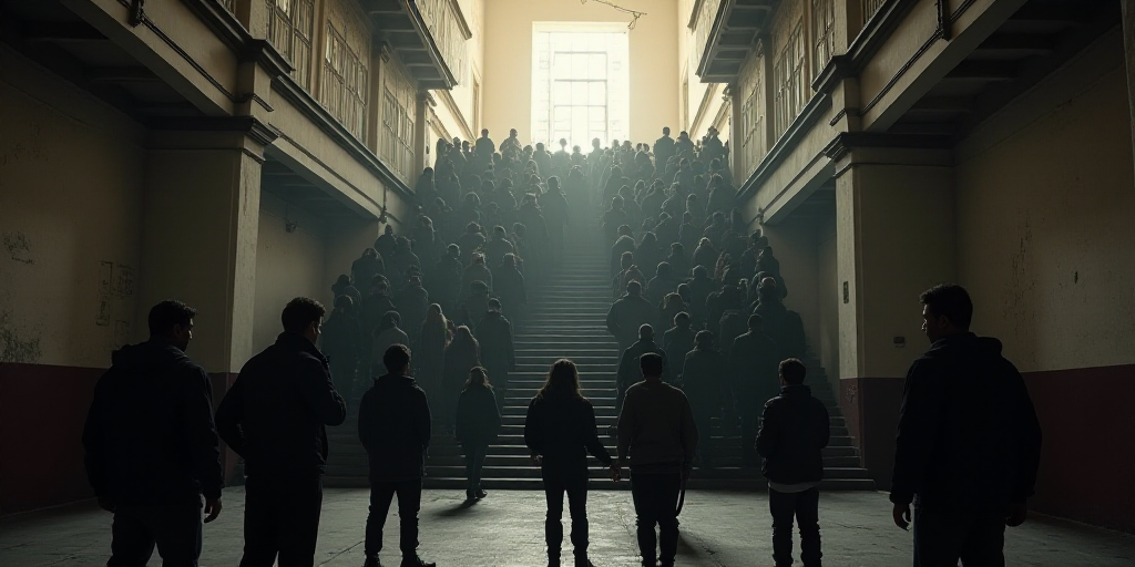 a group of people standing in front of a staircase in a building with a crowd of people standing on