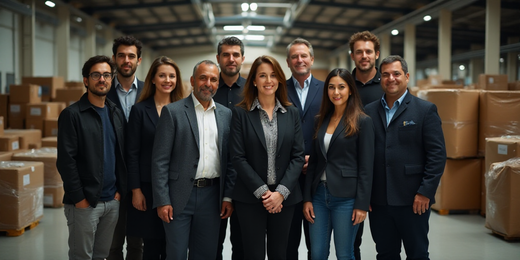 a group of people standing in a warehouse together for a picture with a woman in front of them and a