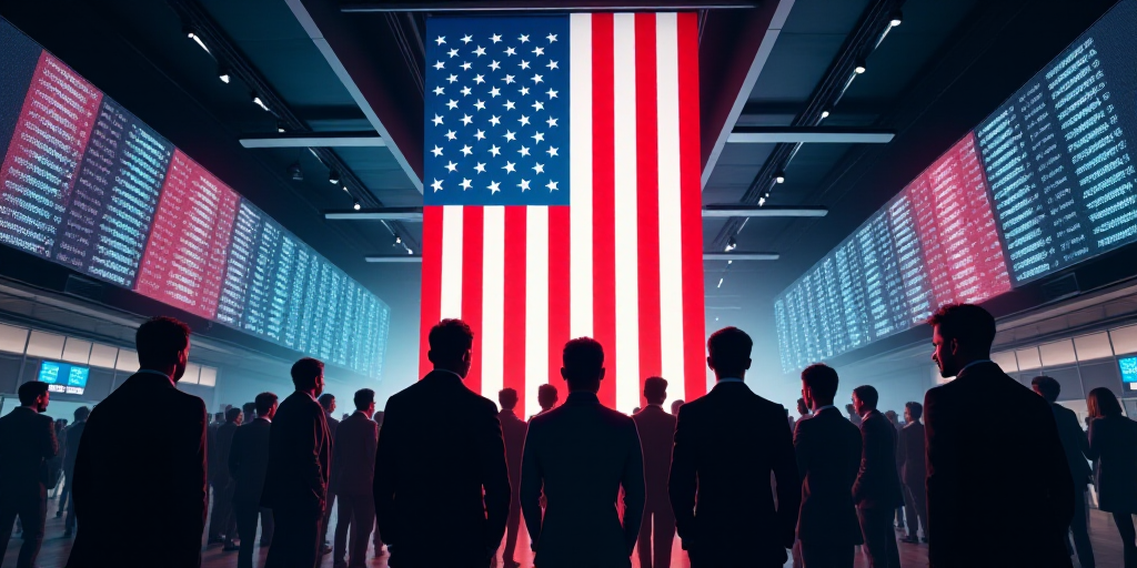 a group of people standing in front of a stock market with an american flag hanging from the ceiling