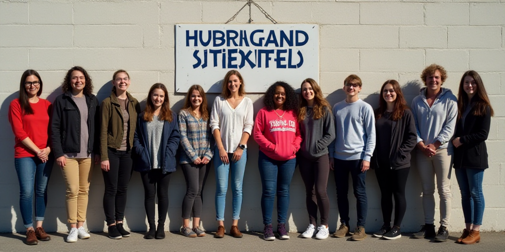 a group of people standing next to each other in front of a wall with a sign on it that says,, Engue