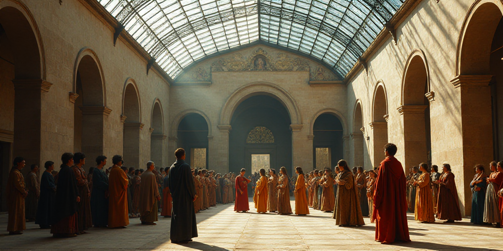 a group of people standing next to each other in front of a building with a glass roof and a skyligh