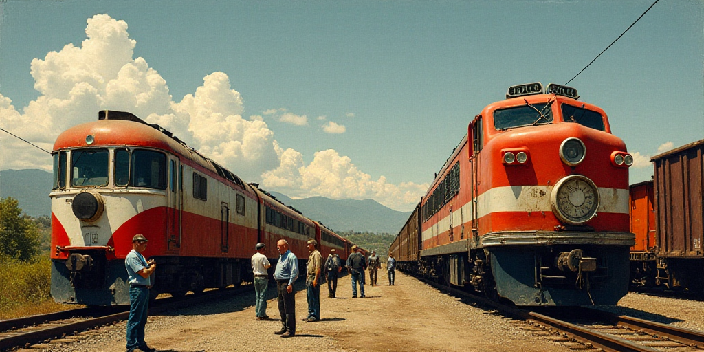 a group of people standing next to a train on a track with a train in the background and a train on