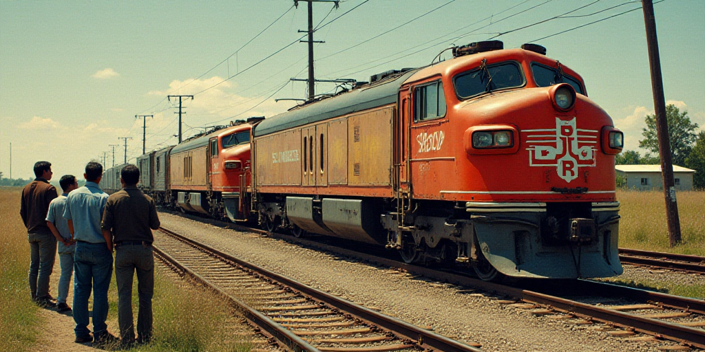 a group of people standing next to a train on a track with a train in the background and a train on