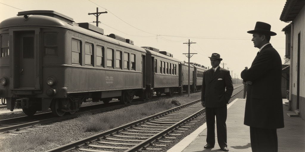 a group of people standing next to a train on a track with a train car in the background and a man i