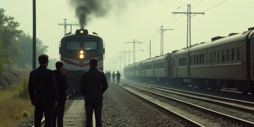 a group of people standing next to a train on a track with a train in the background and a train on