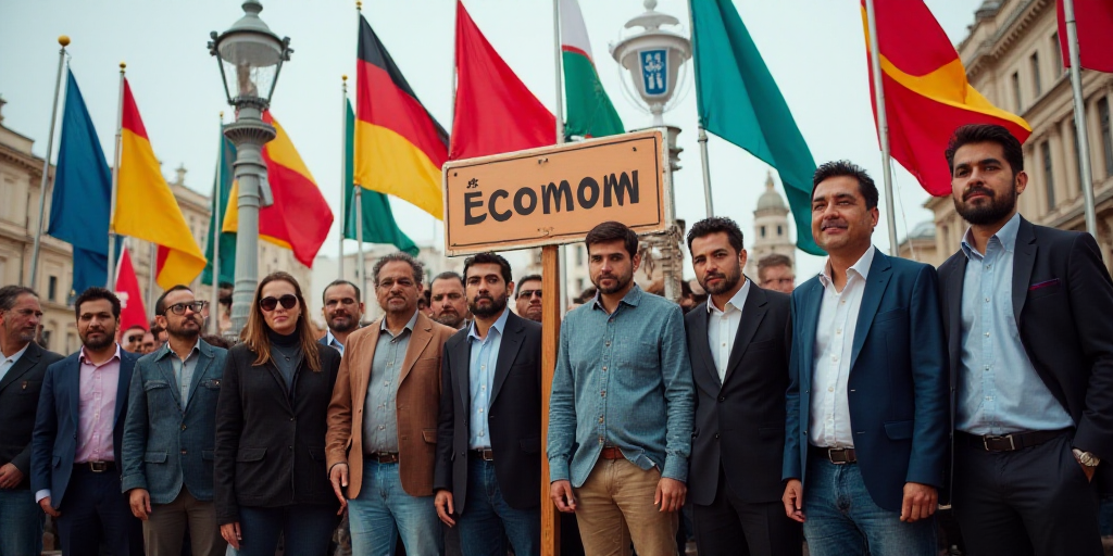 a group of people standing next to each other in front of flags and a sign that says econom, Carlos
