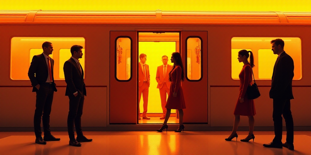 a group of people standing on a train platform next to a train door and a train car with its doors o