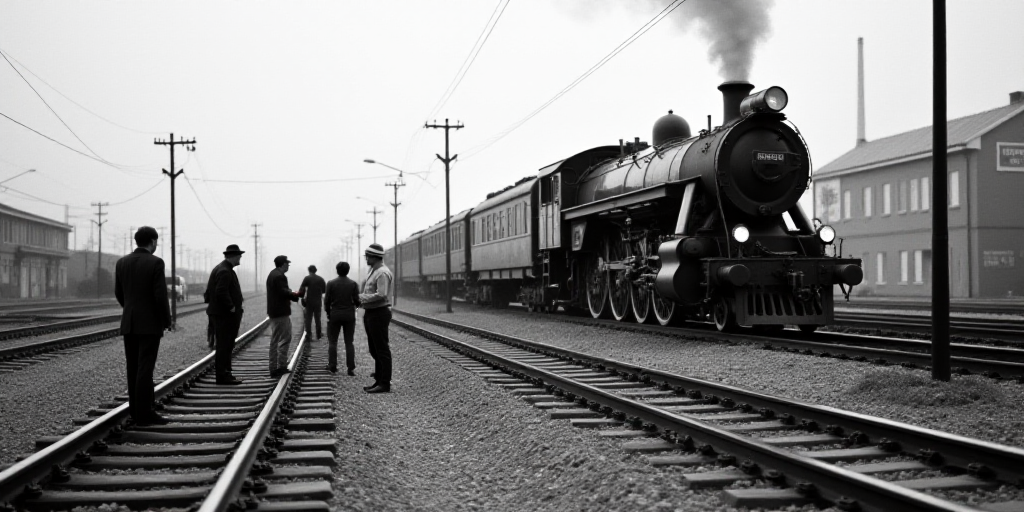 a group of people standing on a train track next to a train that is on the tracks and has a train on