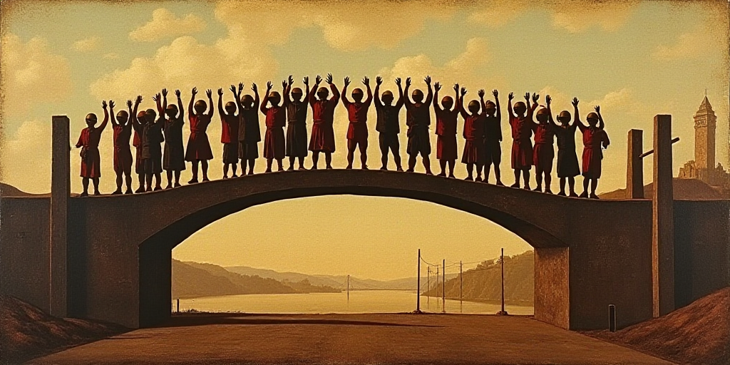 a group of people standing on a bridge with helmets on and arms in the air above them, with a group