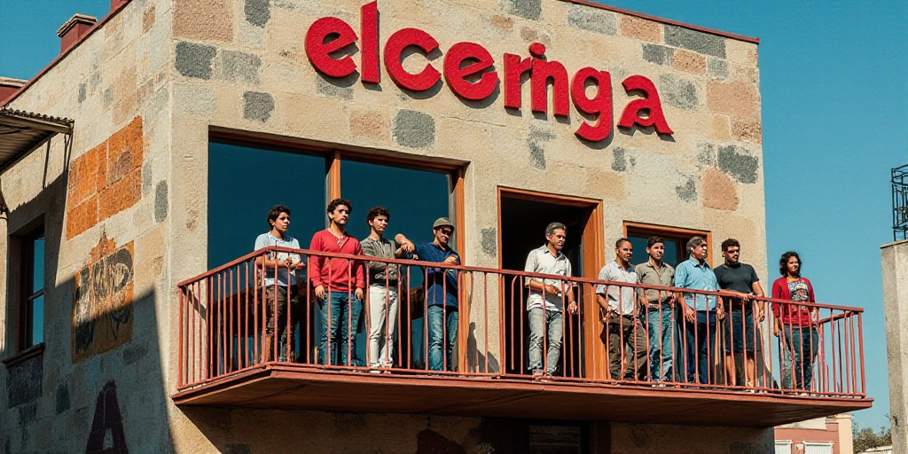 a group of people standing on a balcony next to a building with a sign on it that reads el percoring