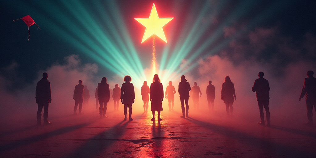 a group of people standing on a stage with a star on top of it and a kite in the air, Araceli Gilber