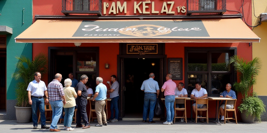 a group of people standing outside of a restaurant with a sign above it that says juan valez cafe, A