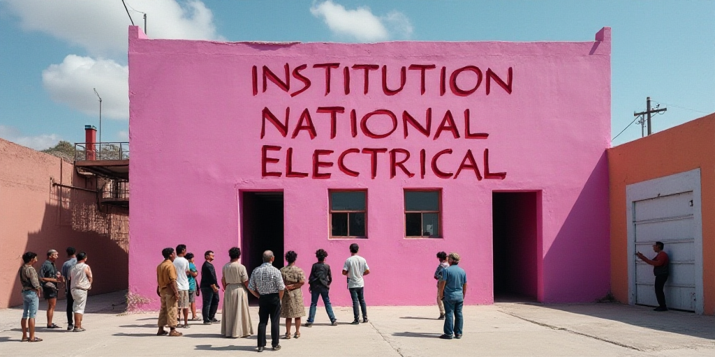 a group of people standing outside of a building with a pink sign on it's side that says, institutio