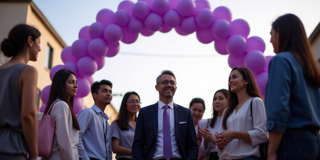 a group of people standing under a purple and white arch with balloons on it and a man in a suit and