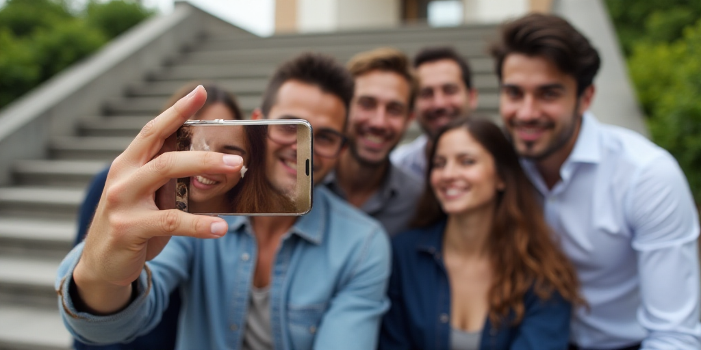 a group of people taking a picture with a cell phone in front of a building with stairs and stairs,