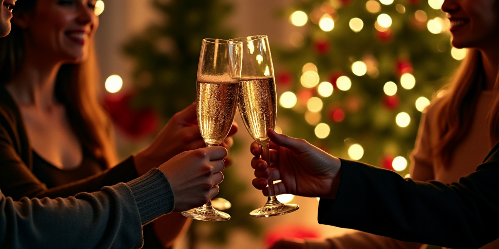 a group of people toasting with champagne glasses in front of a christmas tree and a christmas tree