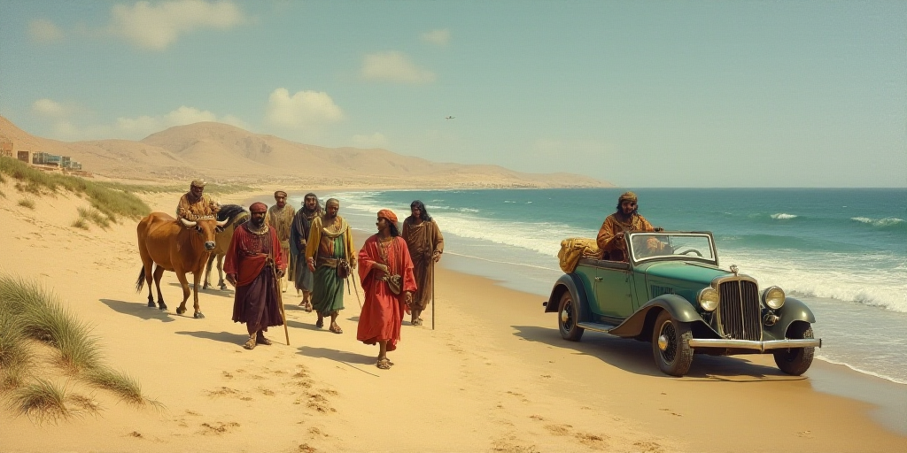 a group of people walking across a sandy beach next to a cow and a car with a man on it, Bouchta El