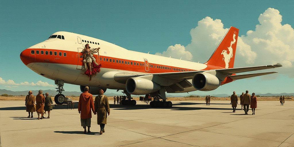 a group of people walking across a tarmac next to an airplane with a woman in a costume on it, Andre