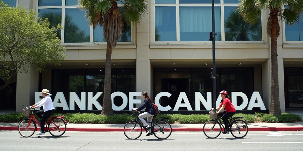 a group of people walking and riding bikes past a bank of canada sign and palm trees in front of a b